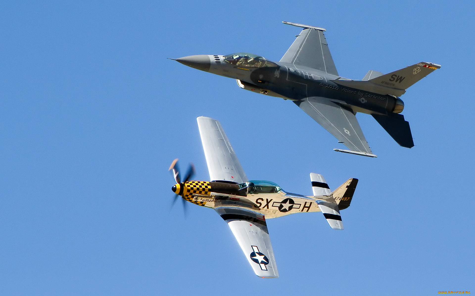 north american p-51d mustang,  f-16 falcon, ,  , mustang, falcon, f16, p51d, 